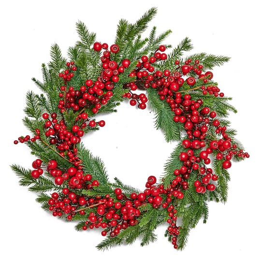 24" Red Berries & Cedar Christmas Wreath